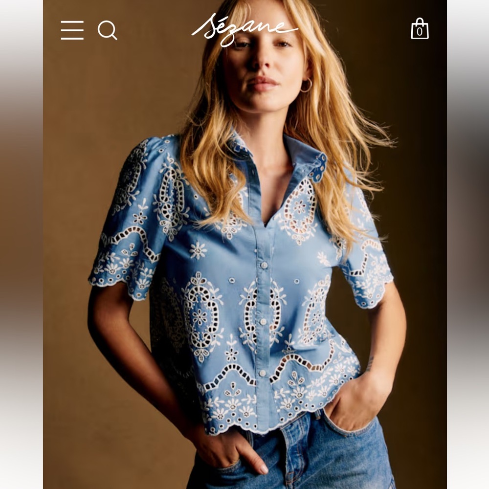 🌼Sezane ELVIRA BLOUSE in CREAM Blue CHAMBRAY Embroidered Button-Up Blouse - Picture 5 of 11